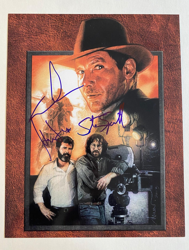 HARRISON FORD, STEVEN SPIELBERG, and GEORGE LUCAS autographed "Indiana Jones" 11x14 photo